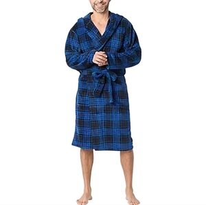 Mens Plaid St Johns Bay Blue Black Soft Hooded‎ Robe NWT Gift Size XL XXL